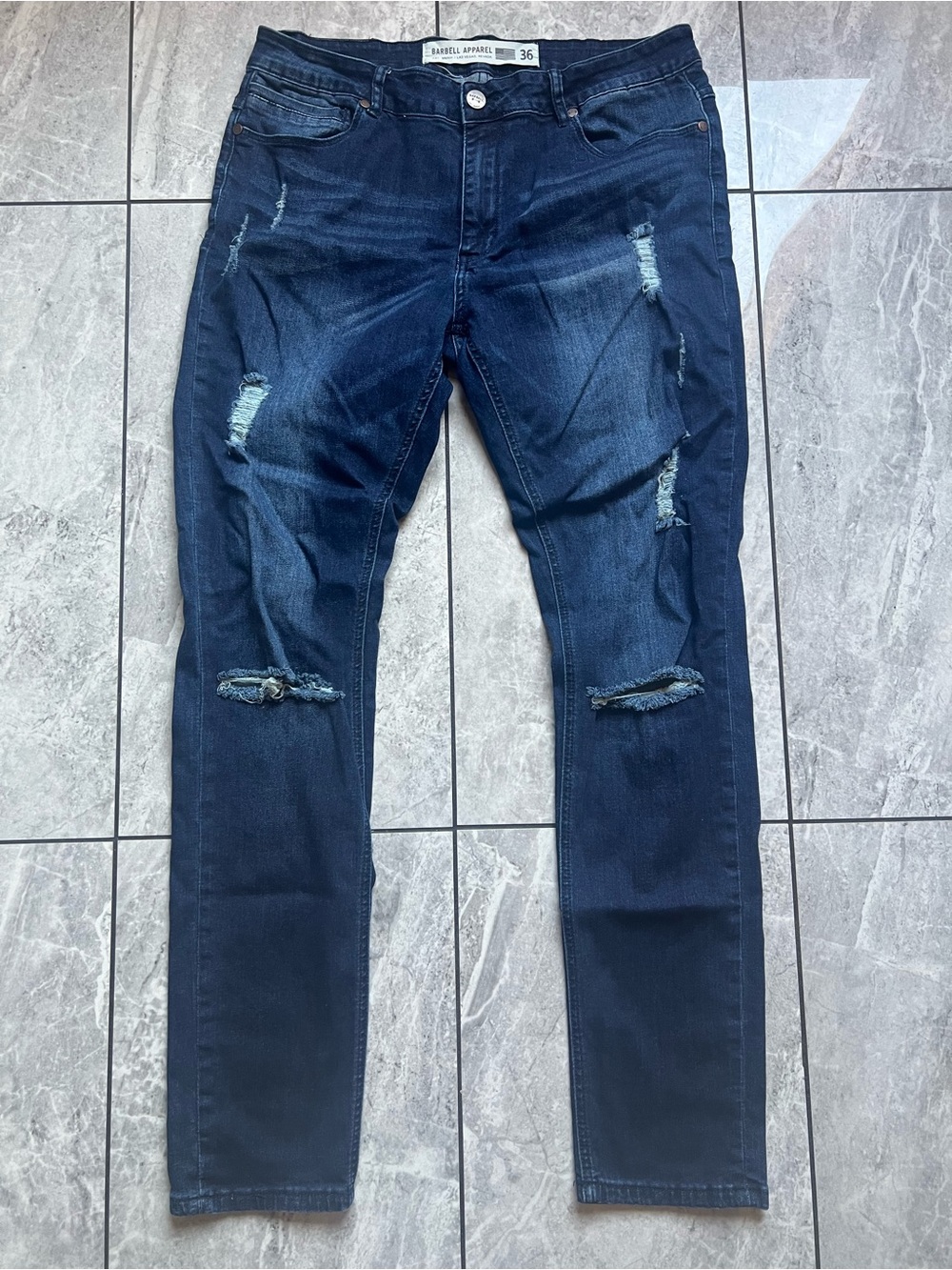 Barbell Apparel Mens Jeans Sz 36 Straight Leg Stretch USA MADE Denim Distressed
